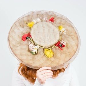 vintage 1940s Floral Beige Sun Hat